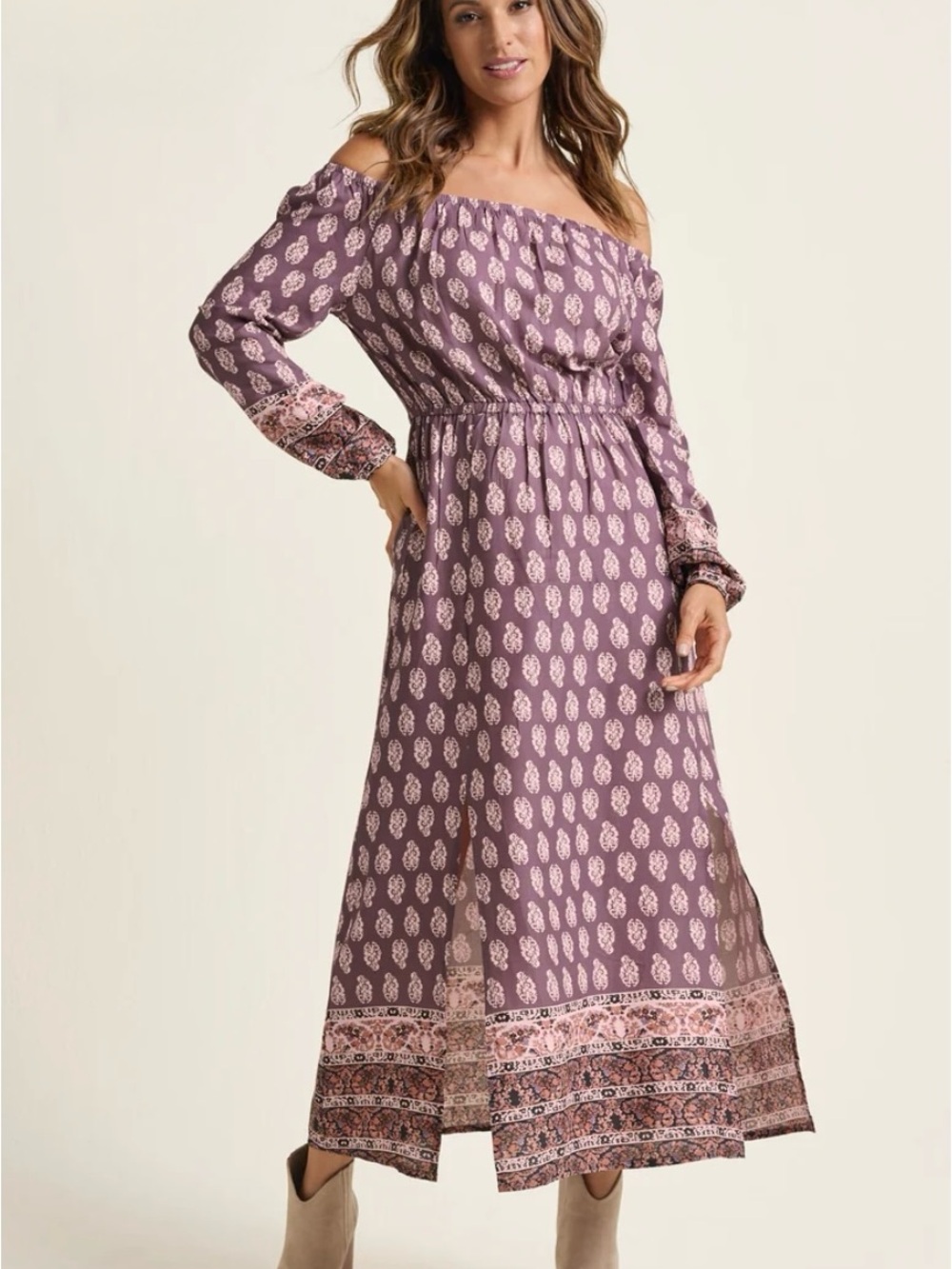 Boho Off-Shoulder Purple Paisley Maxi Dress